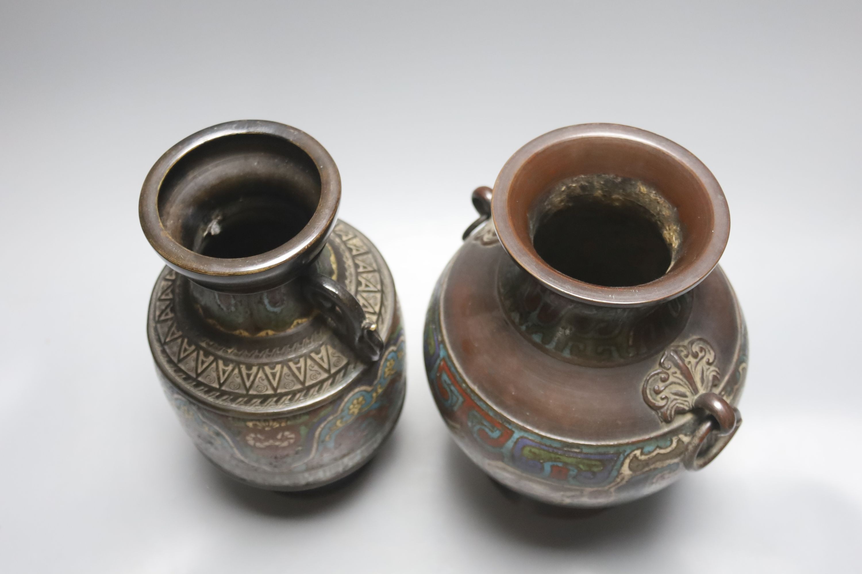 Two early 20th century Japanese champleve enamel and bronze vases 24cm